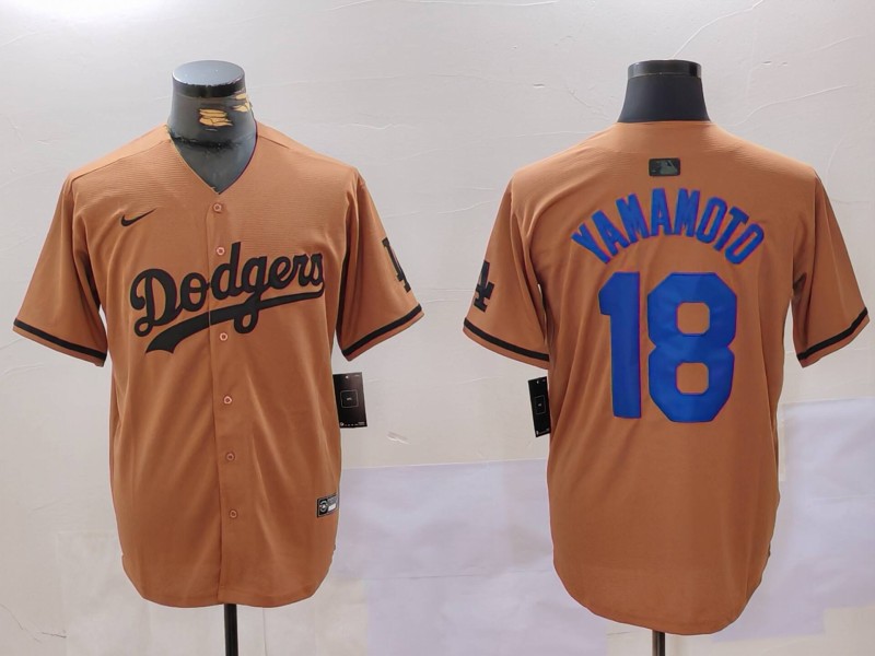 Men Los Angeles Dodgers #18 Yamamoto army green joint name 2024 Nike MLB Jersey style 1